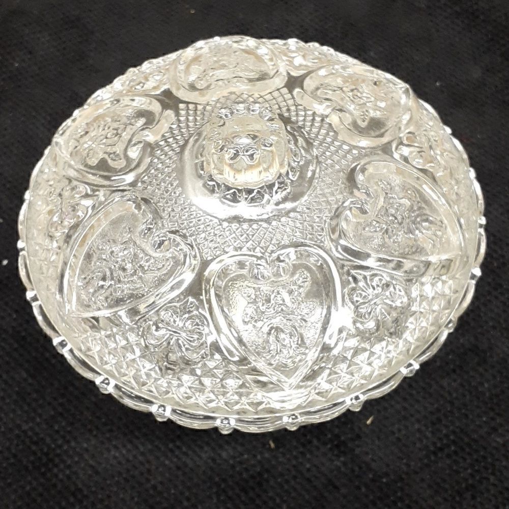 Vintage KIG Malaysia Depression Style 5"Glass Candy Nut Dish w Lid Rose & Heart.